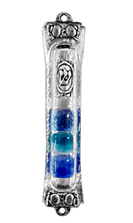 Pewter Mezuzah with blue glass