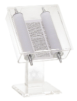 Torah scroll in lucite display case